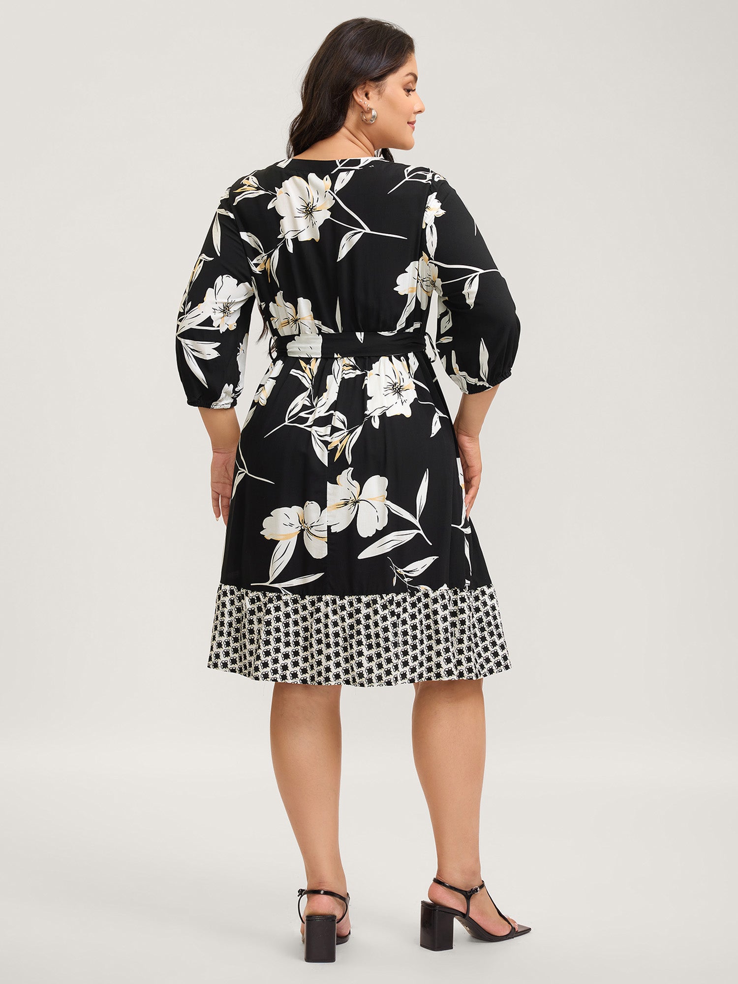 Floral Contrast Polka Dots Midi Dress