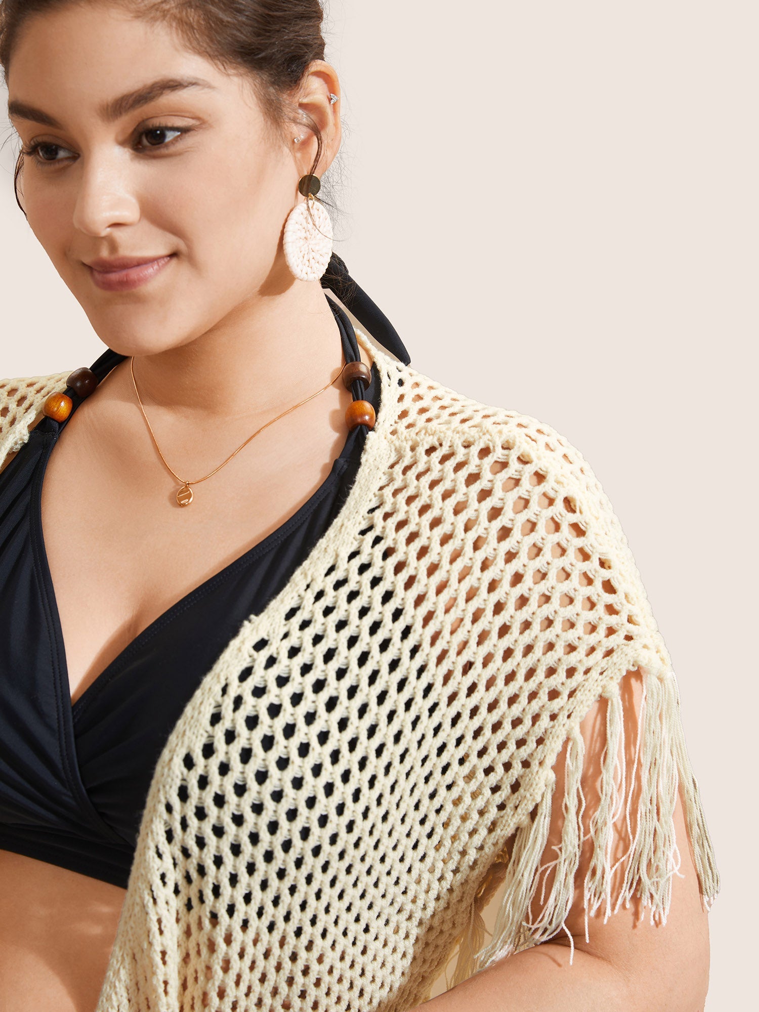 Solid Cut Out Drawstring Tassel Trim Swim Cover Up