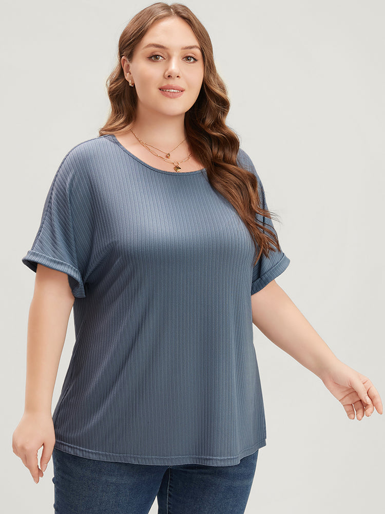 Plain Round Neck Rib Knit Tee