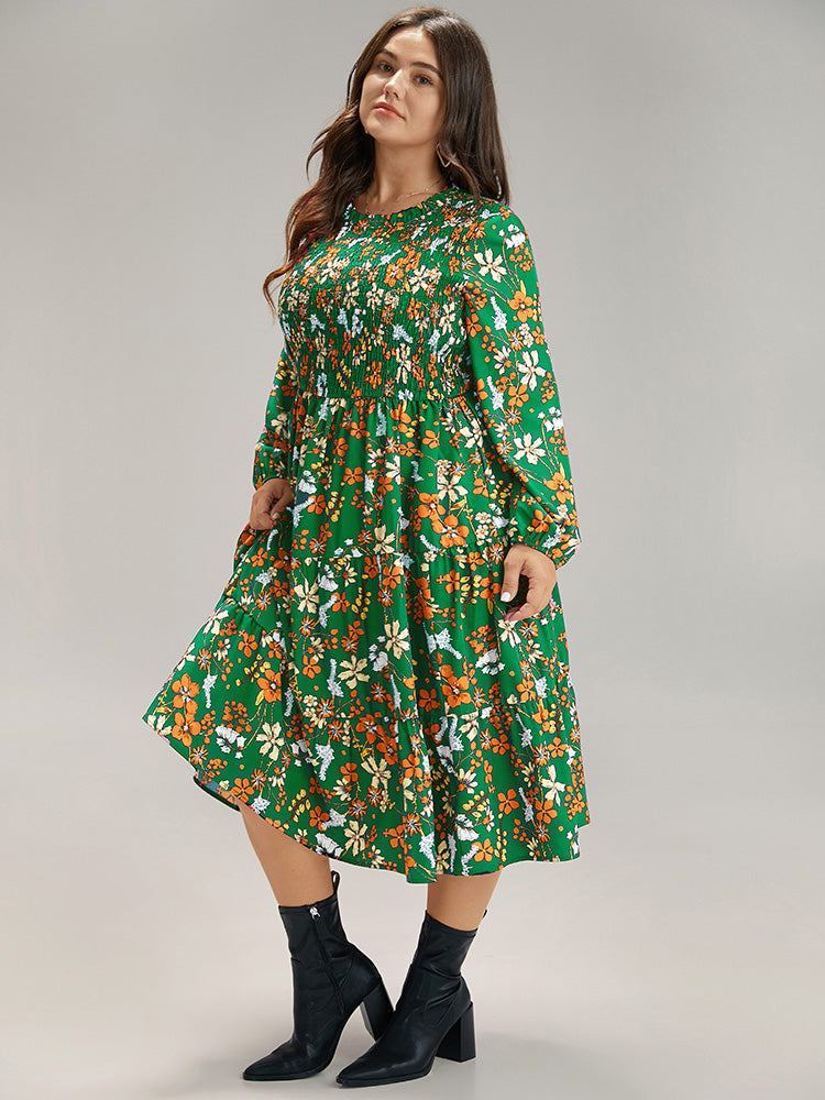 Floral Print Keyhole Shirred Dress