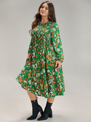 Floral Print Keyhole Shirred Dress