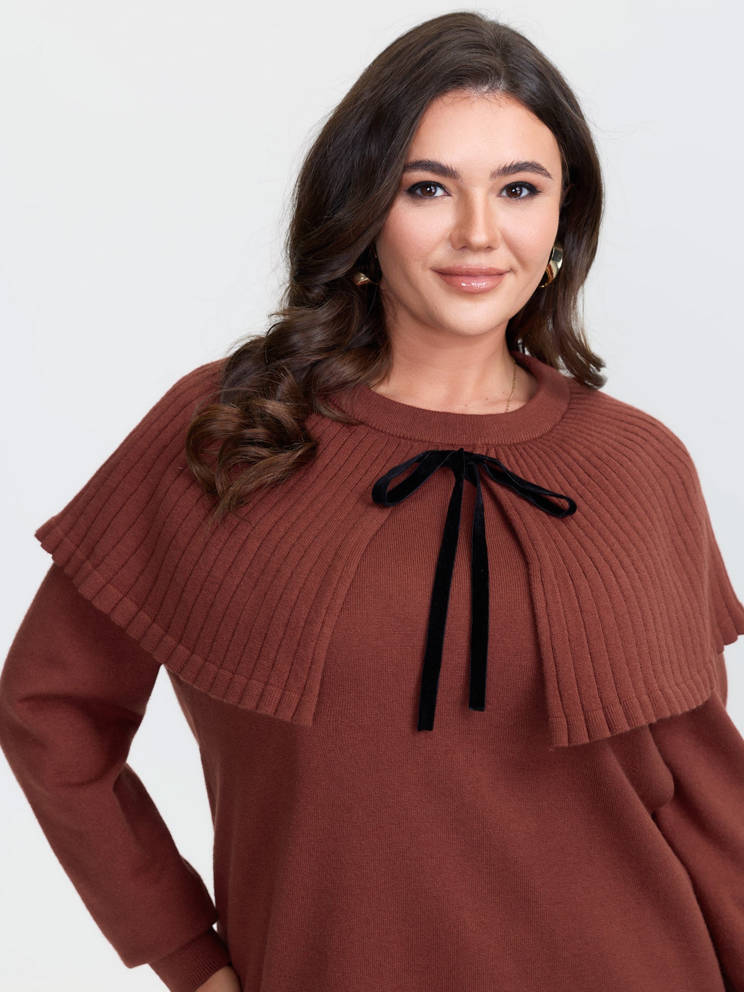 Faux Two-Piece Cape Velvet Bow Pullover