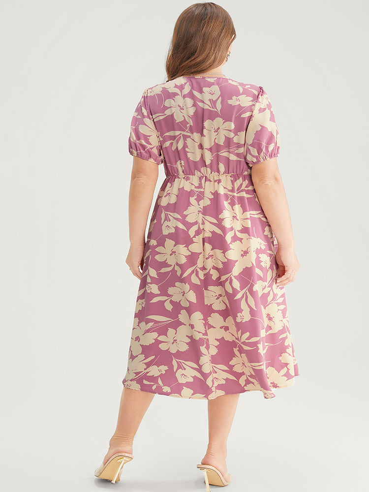 Floral Print Twist Front Puff Sleeve Pocket Ruffles Dress