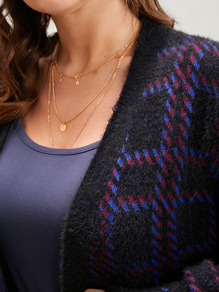 Plaid Contrast Soft Sexy Yarn Knit Fluffy Open Front Cardigan