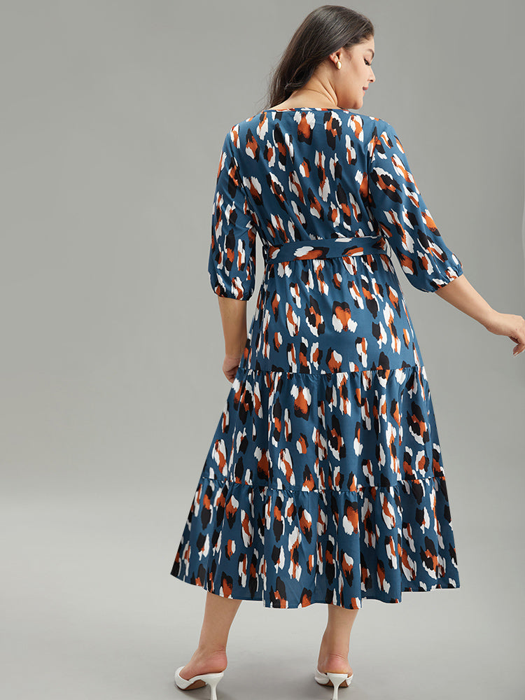 Allover Print Ruffle Layered Hem Wrap Belted Dress