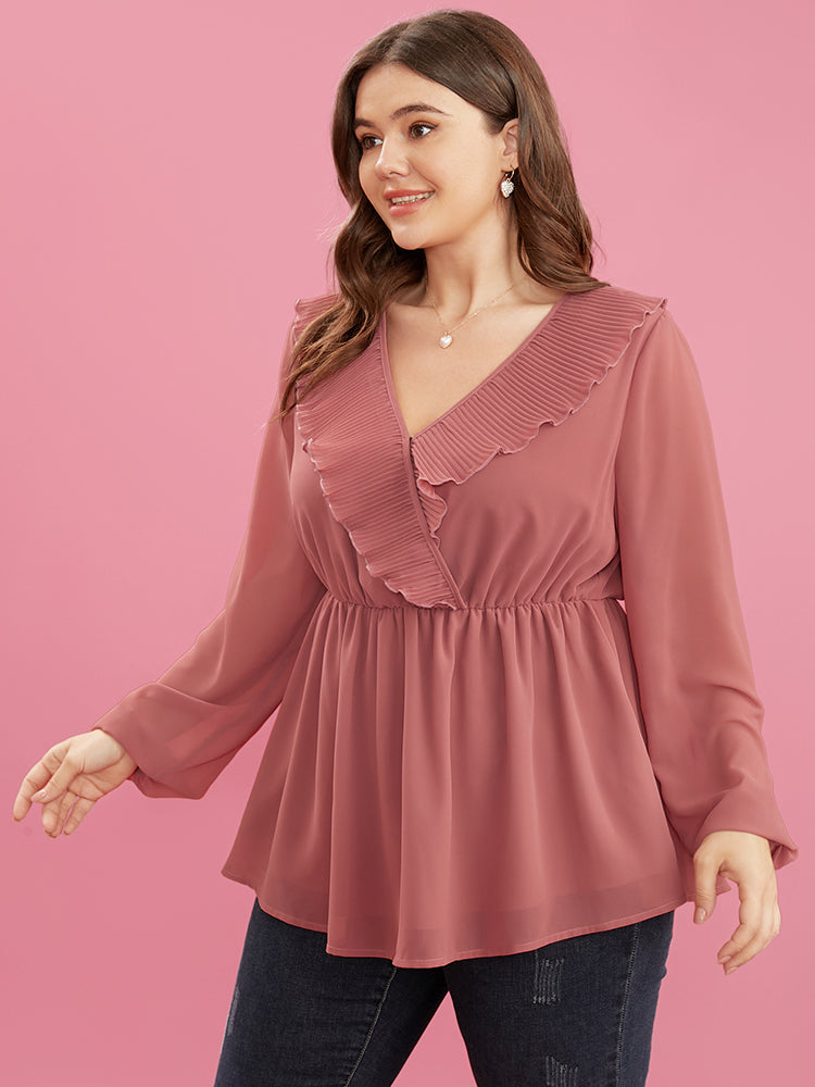 Solid Lantern Sleeve Pleated Ruffle Trim Wrap Blouse