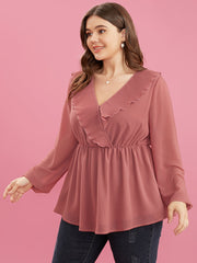 Solid Lantern Sleeve Pleated Ruffle Trim Wrap Blouse