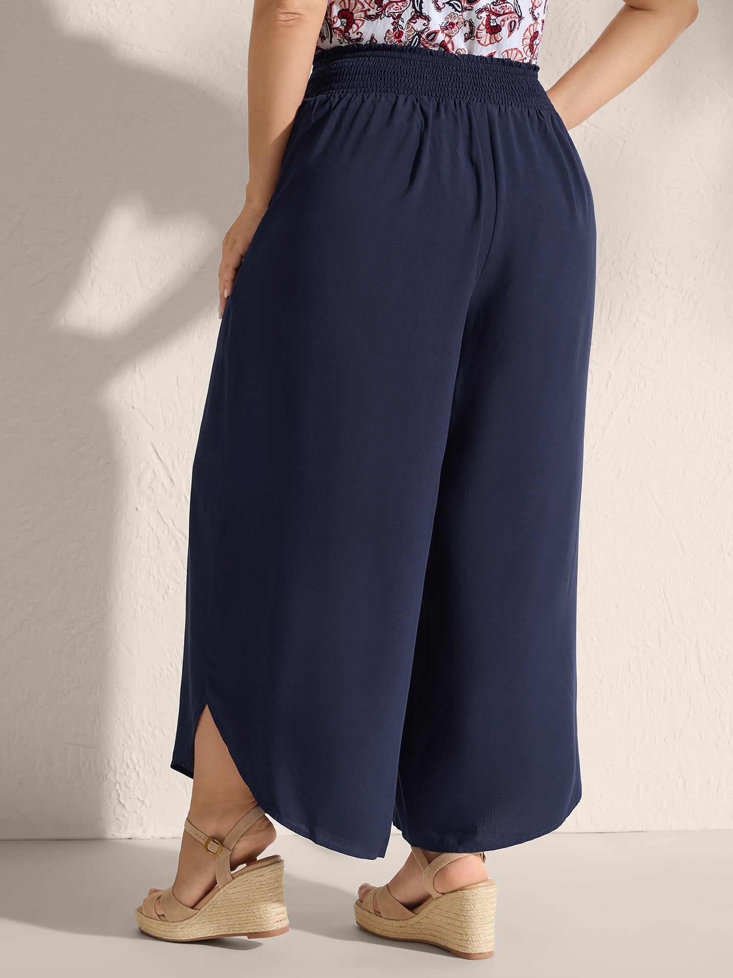 Shirred Waist Curvy Hem Wide-Leg Pants