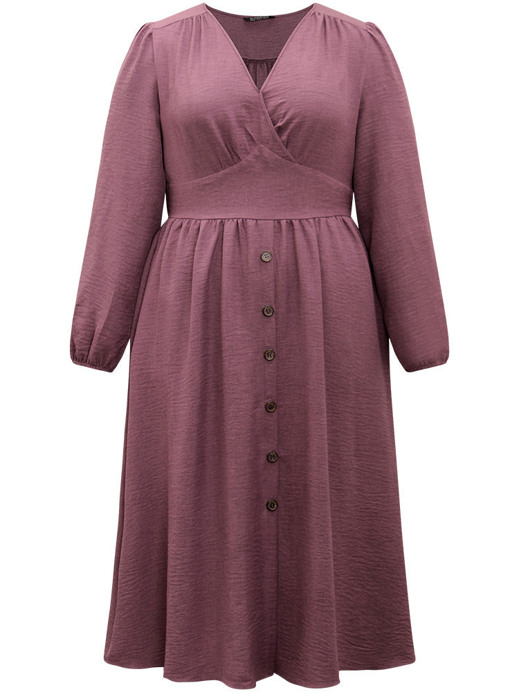 Twill Gathered Button Detail Lantern Sleeve Dress