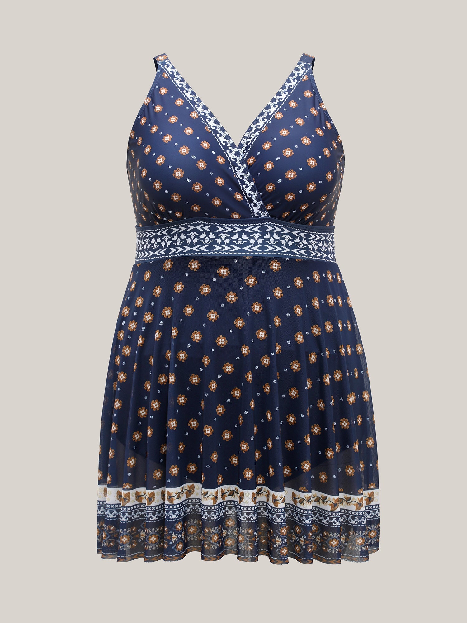 Sheer Boho Print Surplice Swim Dress