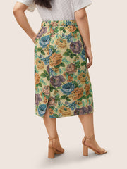 Floral Print Elastic Waist Pocket Split Hem Skirt