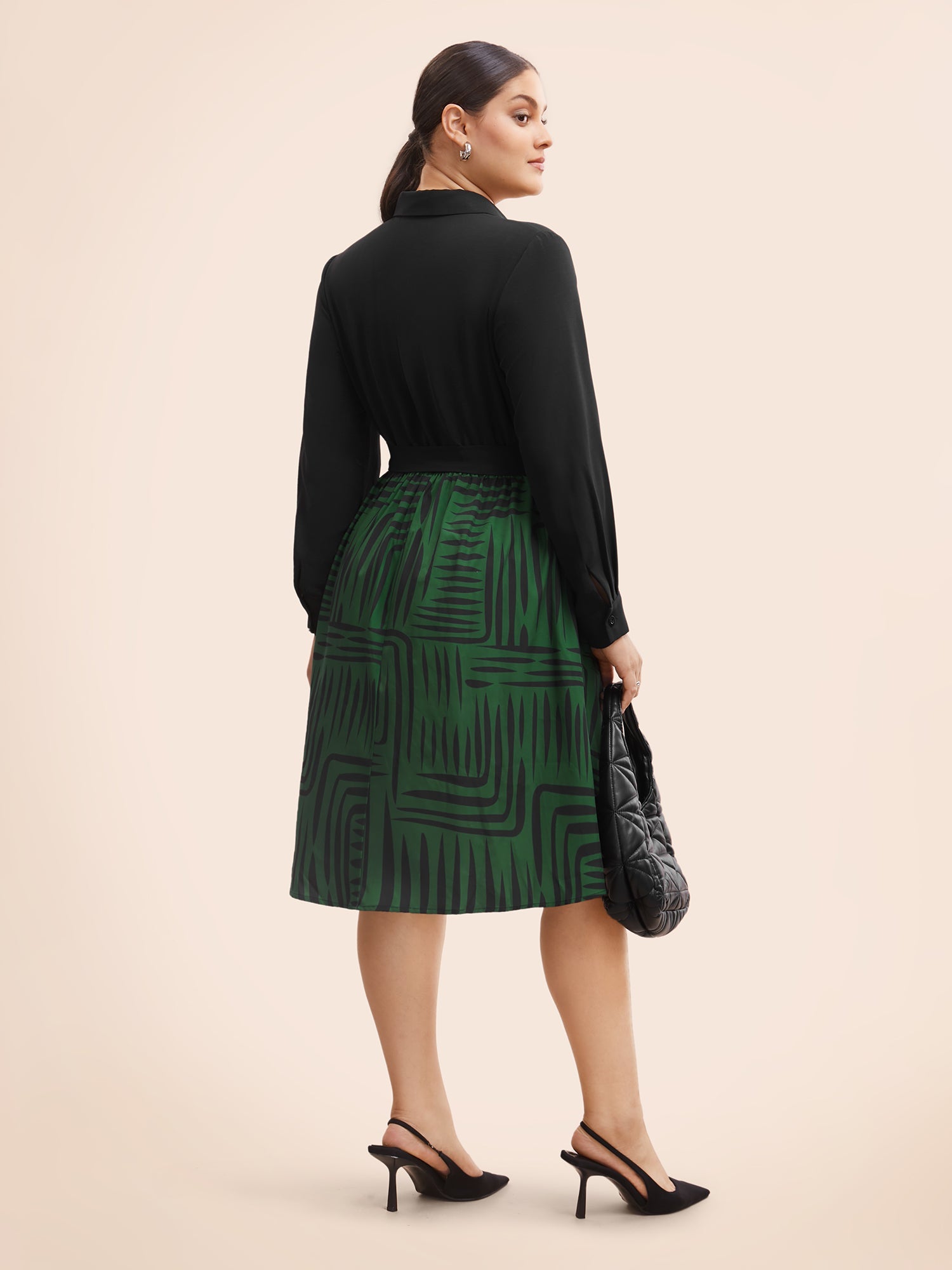 Geometric Patchwork Button Up Belted Dress