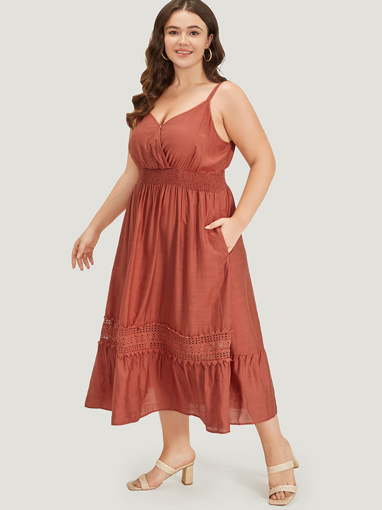 Solid Crochet Lace Gathered Wrap Shirred Cami Dress