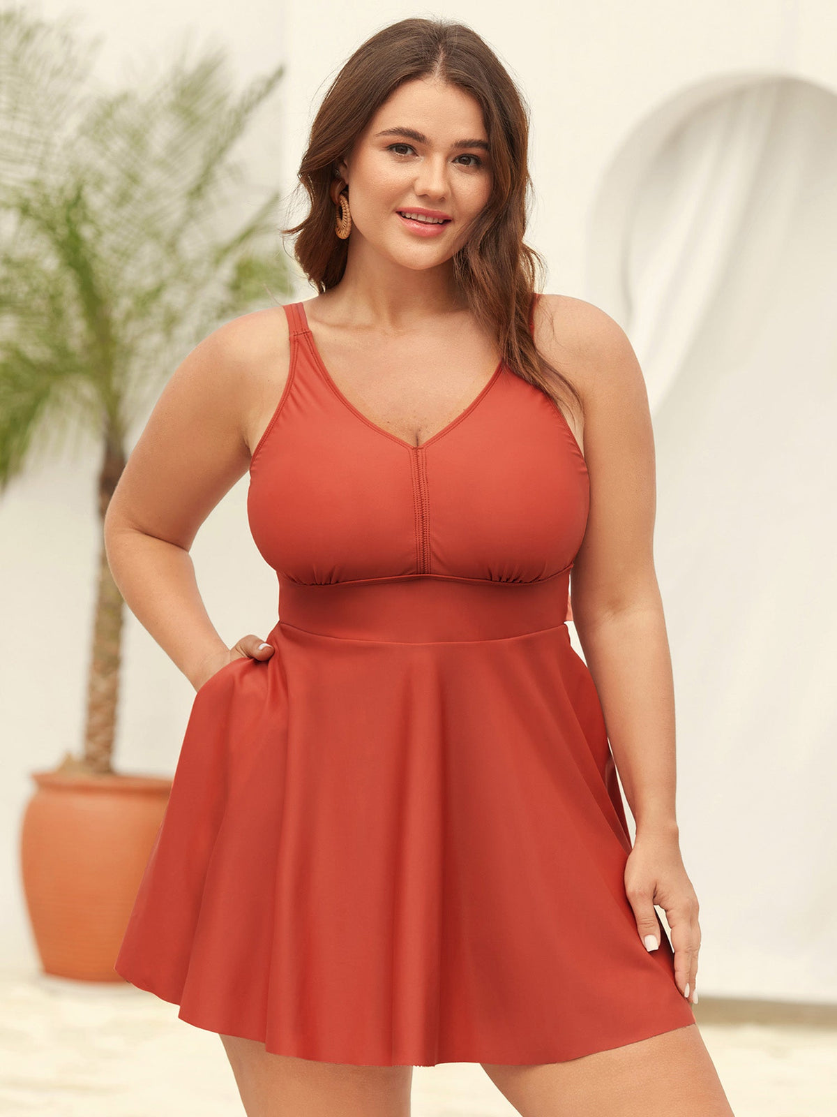Sewn-in-Belt Bow Pockets Swim Dress