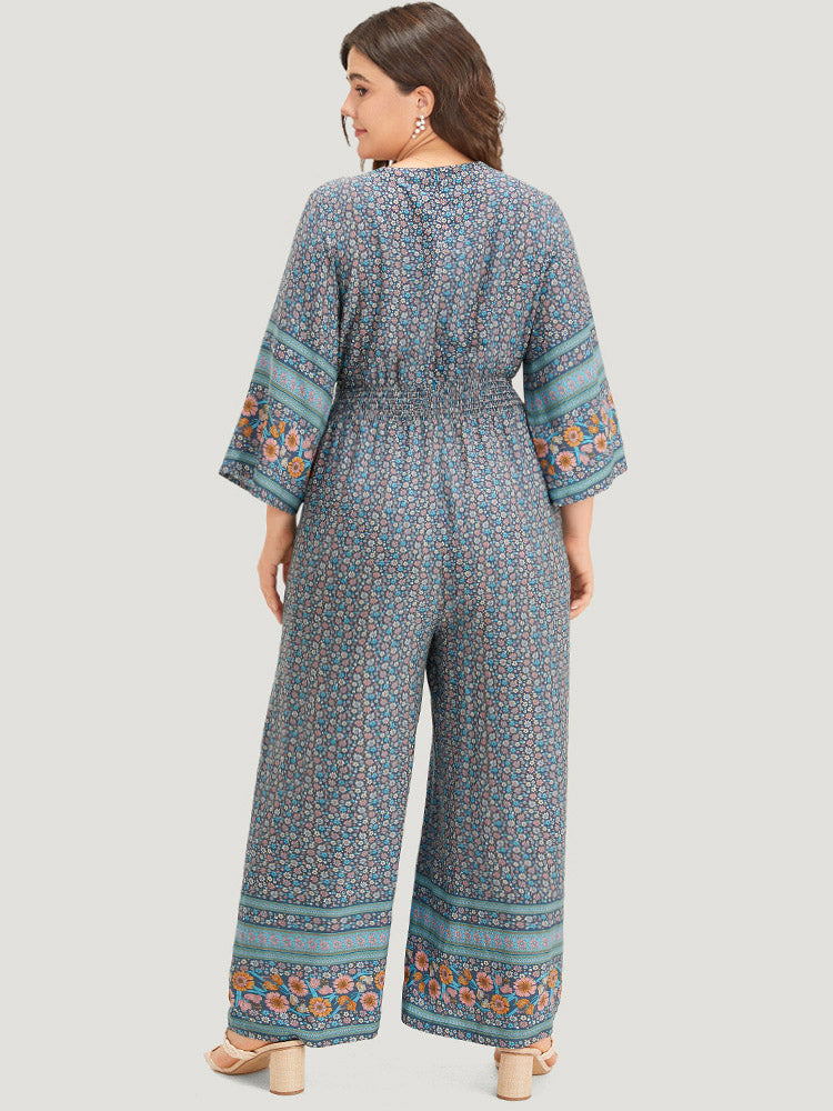 Floral Print Shirred Overlap Collar Jumpsuit