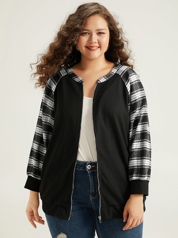 Plaid Patchwork Pocket Zipper Fly Jacket