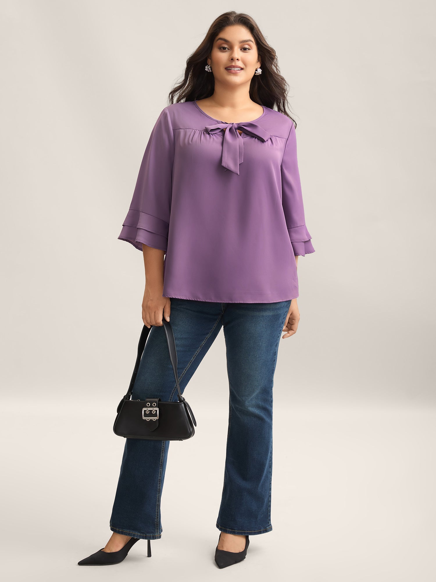 Solid Ribbon Tied Collar Bell Sleeve Blouse