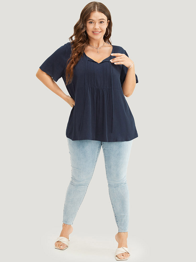 Solid Pleated Detail Tie Neck Ruffle Blouse