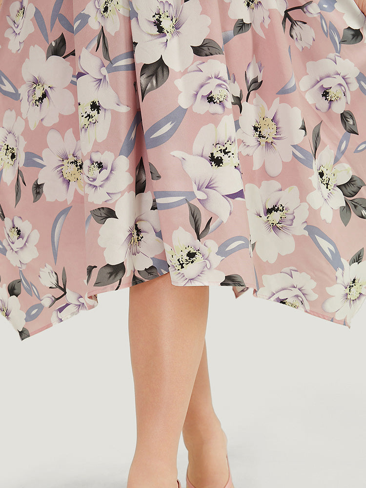 Floral Hanky Hem Ruffle Pocket Ruched Drawstring Dress