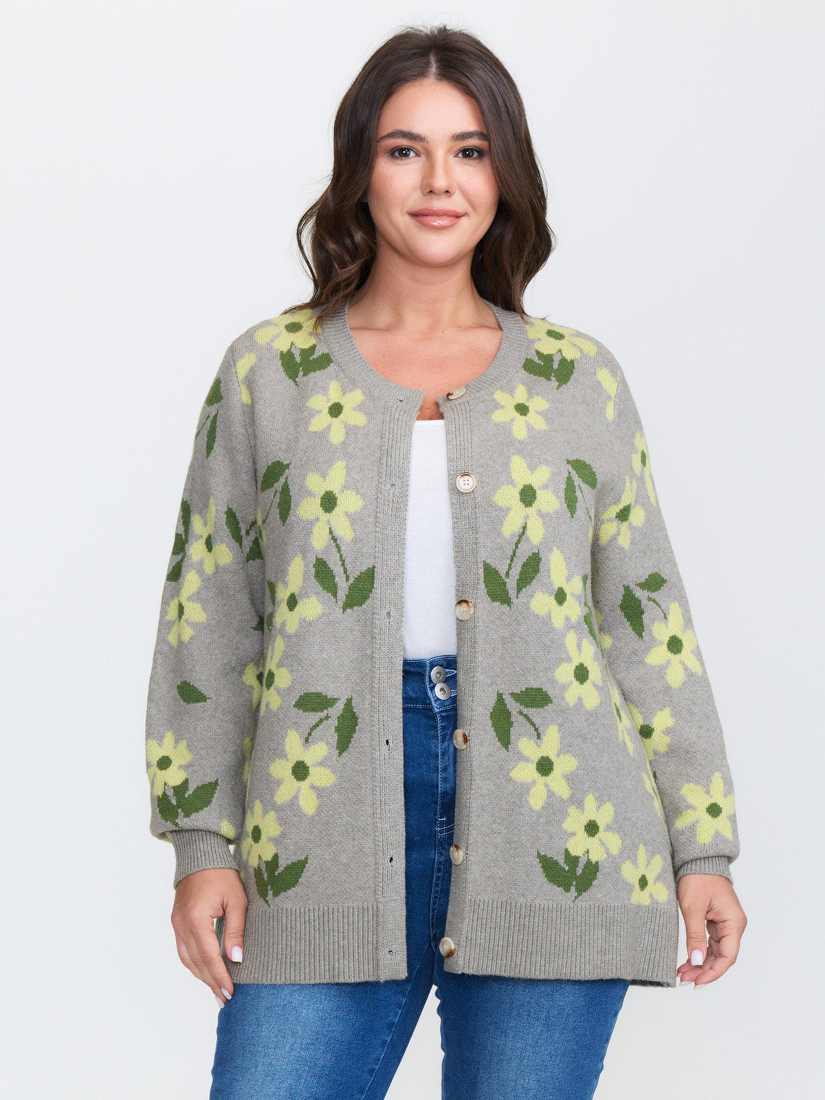 Floral Pattern Jacquard Button Knit Cardigan