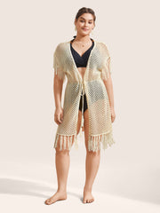Solid Cut Out Drawstring Tassel Trim Swim Cover Up