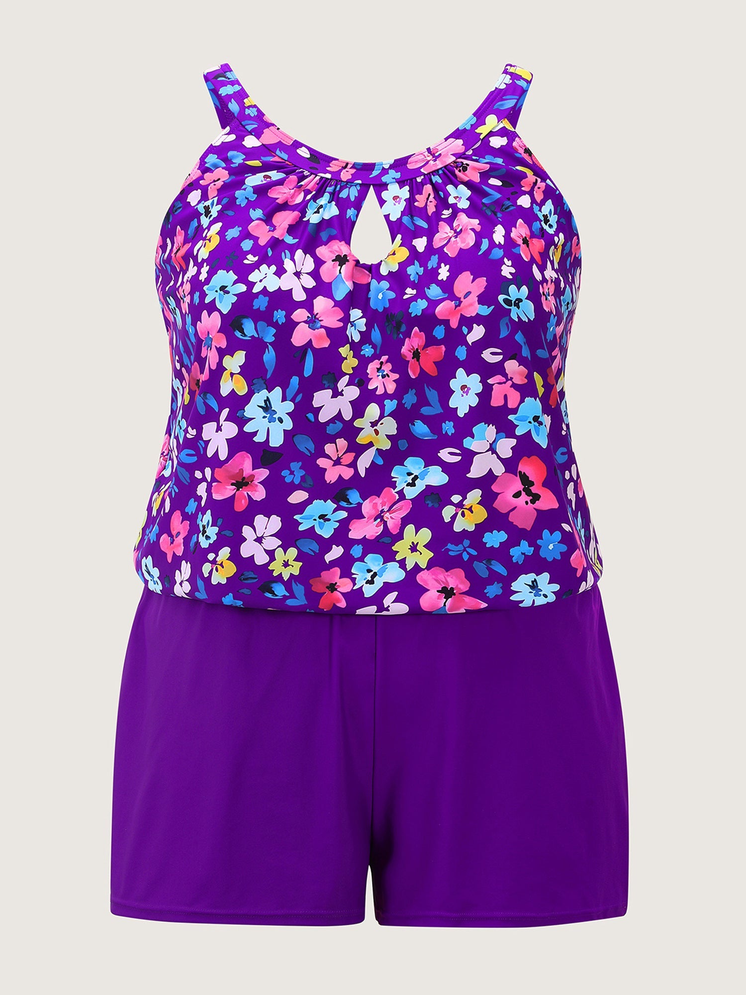 Floral Print Keyhole Pockets Swim Romper