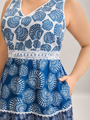 Shell Print Lace Trim Pockets Maxi Dress