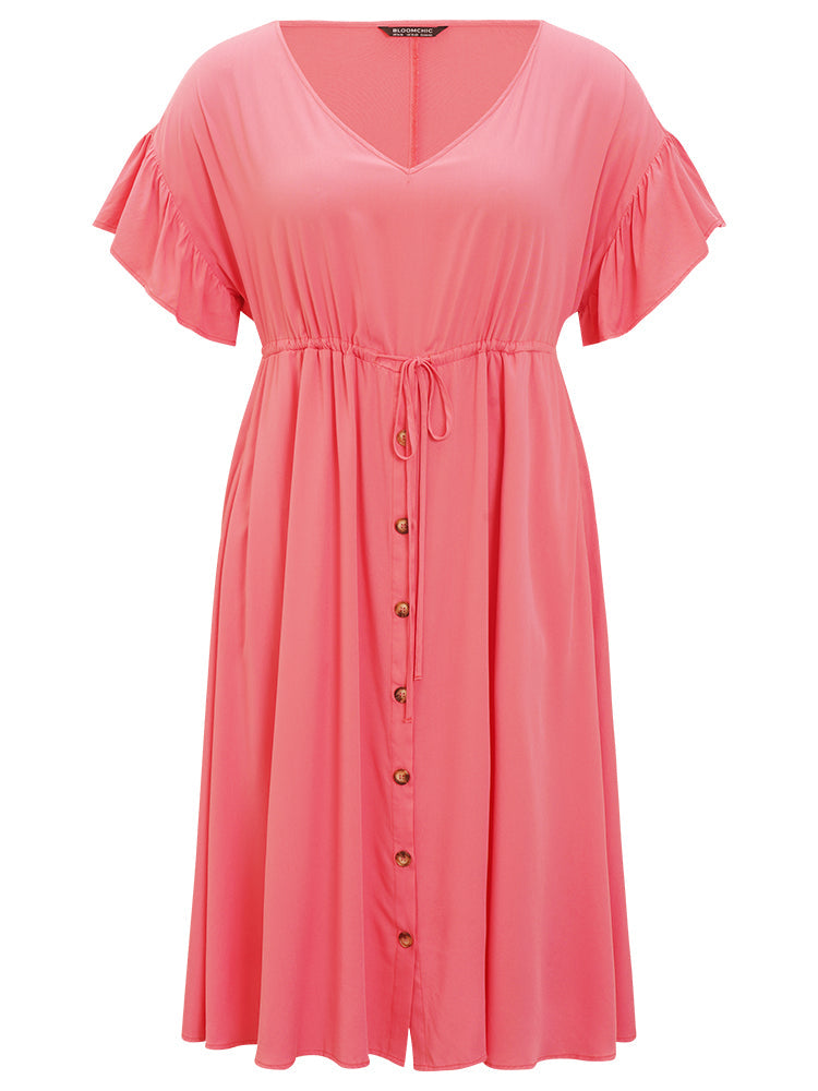 Solid Flutter Sleeve Button Detail Pocket Drawstring Dress