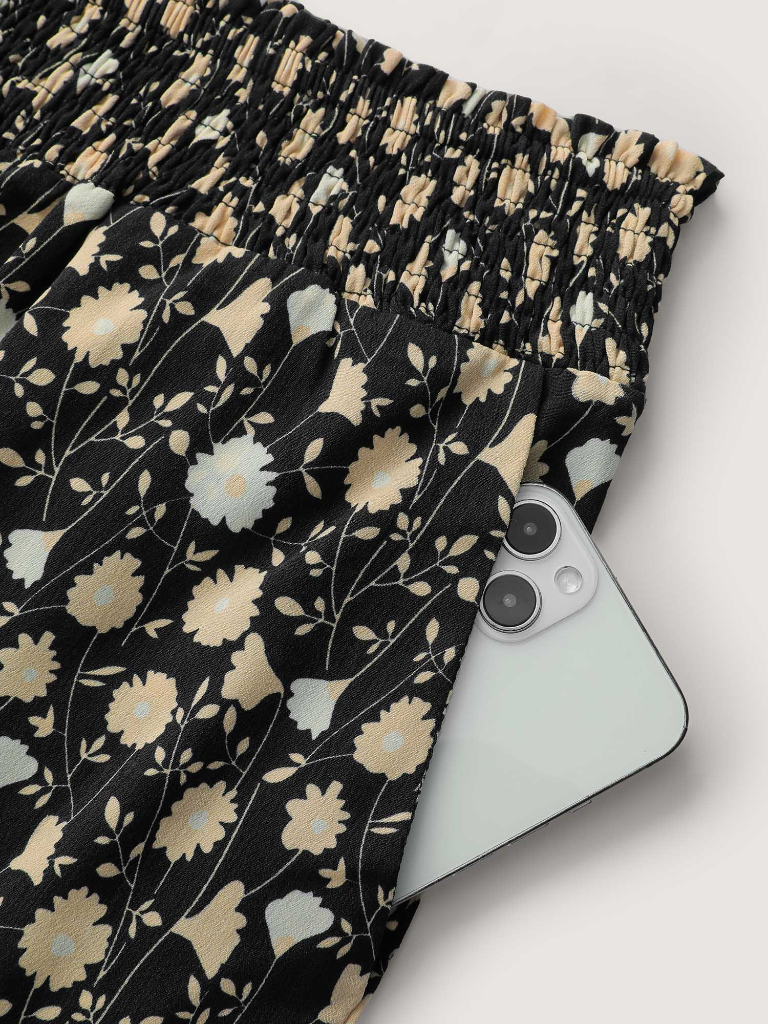 Floral Print Shirred Wide Waistband Tiered Pants