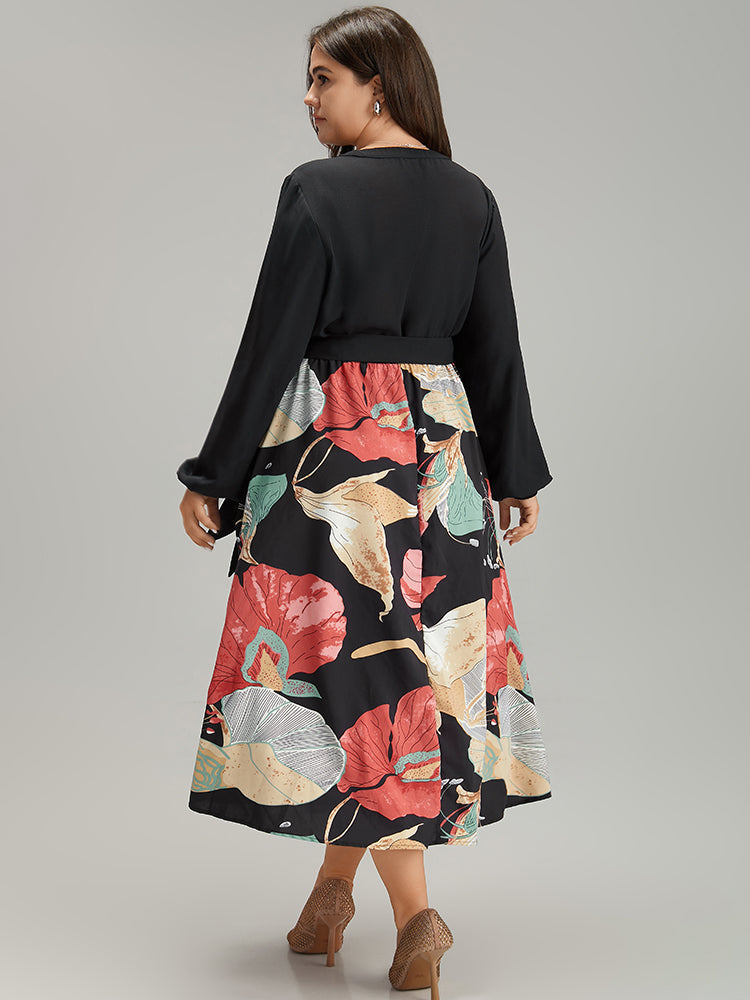 Floral Print Patchwork Notched Belted Dress