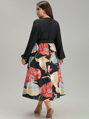 Floral Print Patchwork Notched Belted Dress