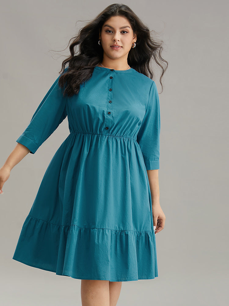Solid Button Up Ruffles Pocket Gathered Dress