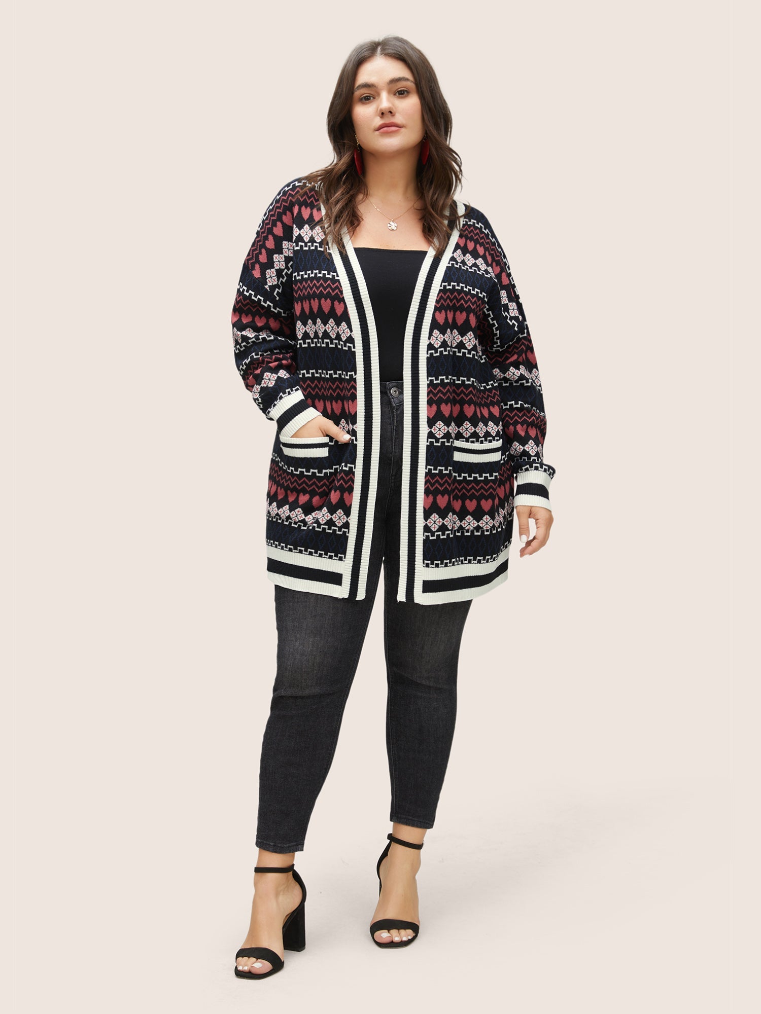Heart Geometric Jacquard Pocket Cardigan