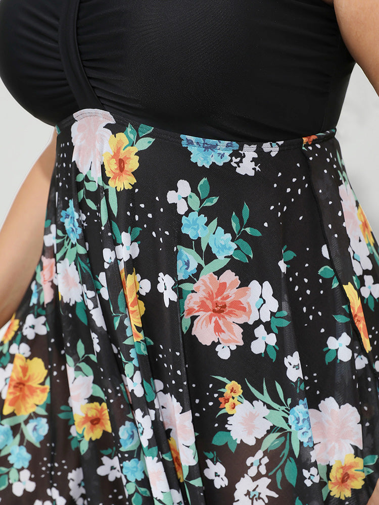 Floral Patchwork Ruched Front Hanky Hem Swim Dress