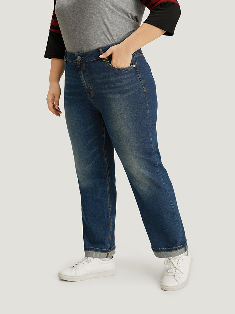 Plain Roll Hem Medium Wash Full Length Jeans