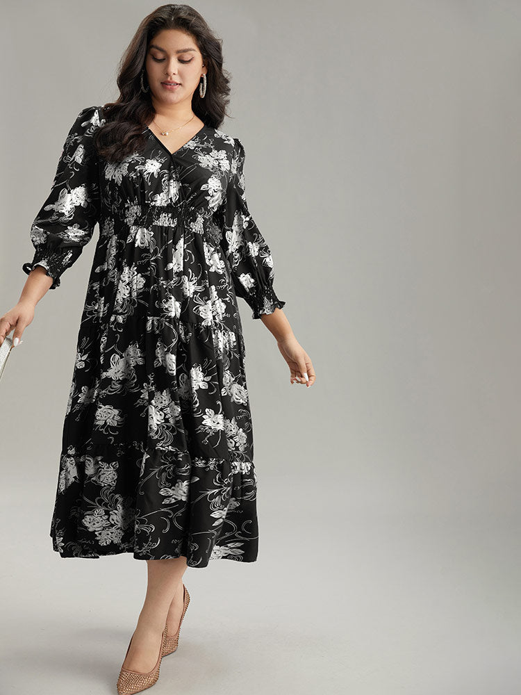 Silhouette Floral Print Glitter Wrap Shirred Dress