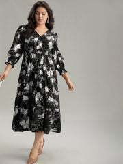 Silhouette Floral Print Glitter Wrap Shirred Dress