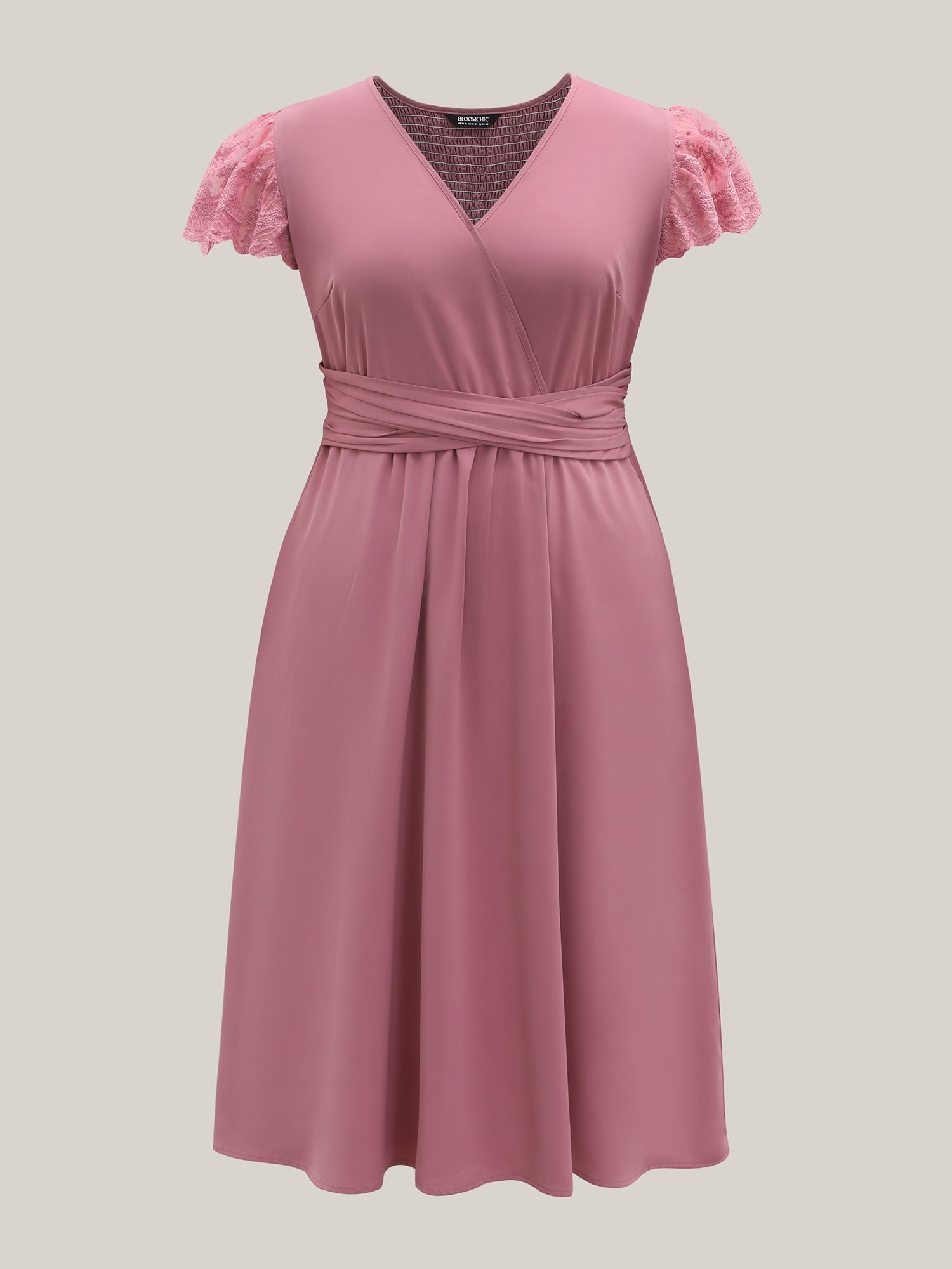 Flutter Sleeve Lace Stretchy Waist Midi Dress