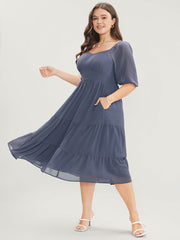 Solid Pocket Mesh Lantern Sleeve Shirred Back Ruffles Tiered Dress