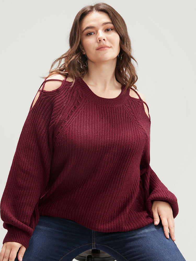Solid Pointelle Knit Cut Out Lantern Sleeve Knit Top