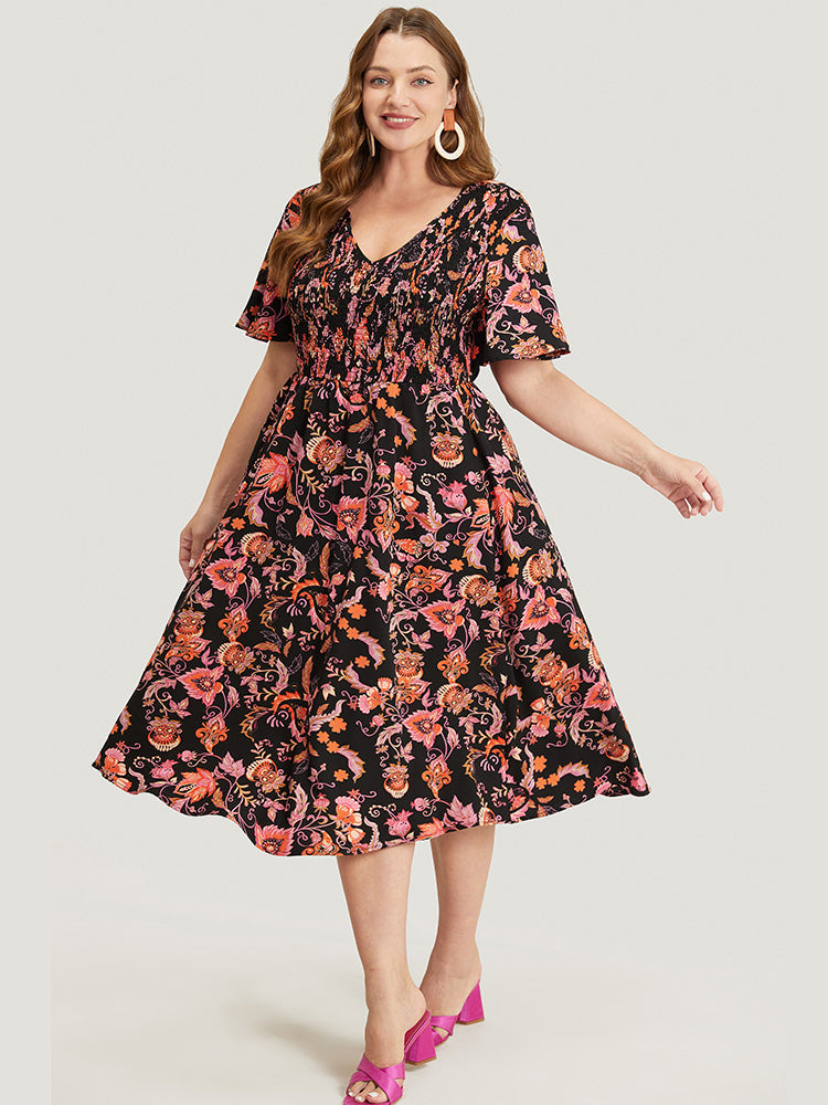 Bandana Print Pocket Shirred V Neck Ruffle Hem Dress