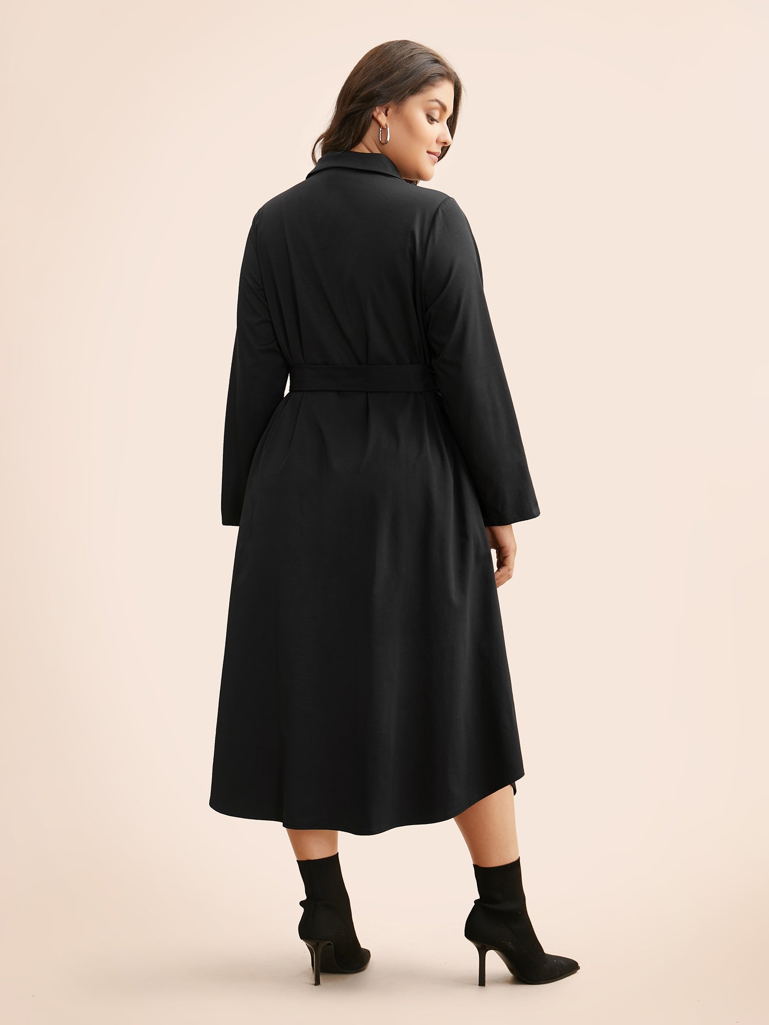 Shirt Collar Curved Hem Midi Dress
