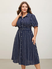 Striped Waist-Cinched Pockets Midi Dress