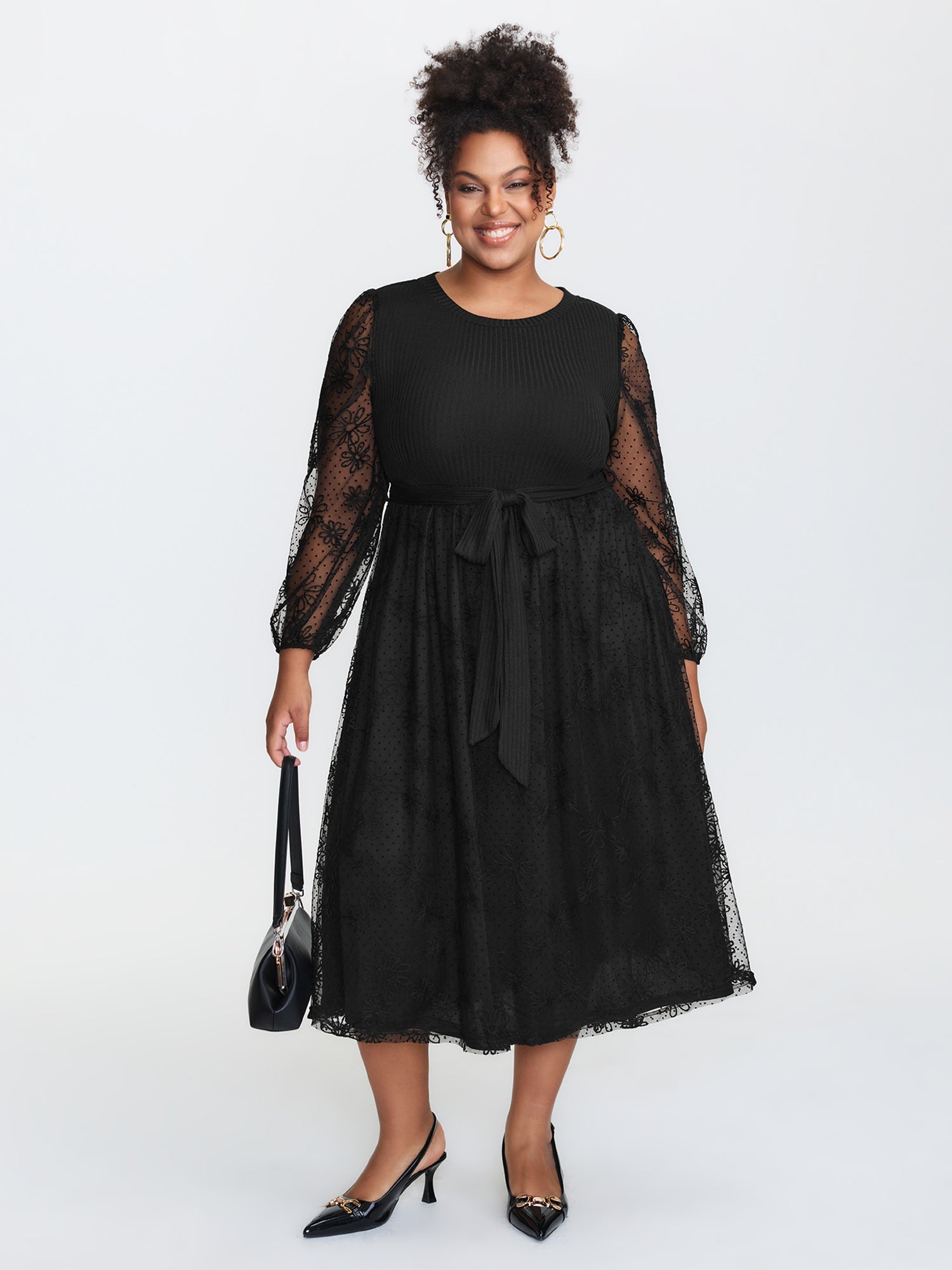 Sheer Floral Sleeve Belted Waist Midi Dress