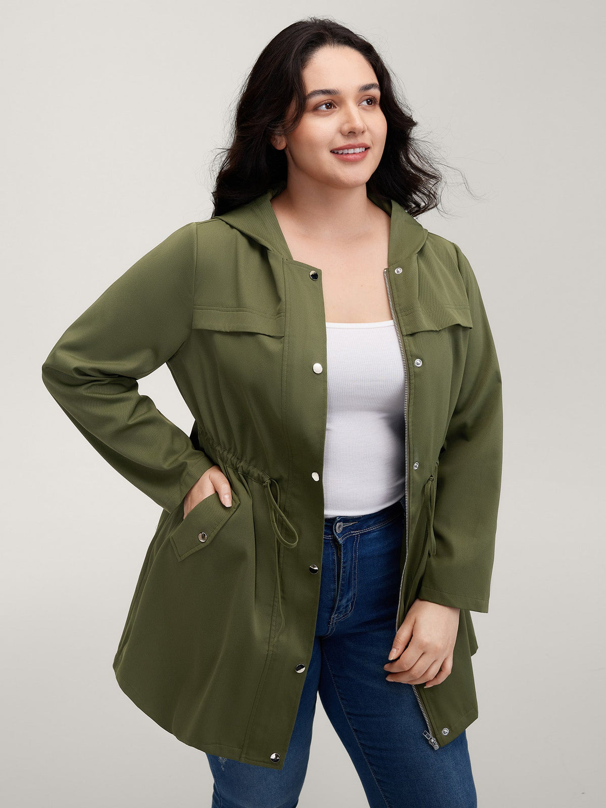 Parka Hooded Adjustable Waist Drawstring Jacket