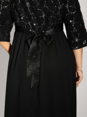 Sequin Floral Tulle Shirred Waist Maxi Dress