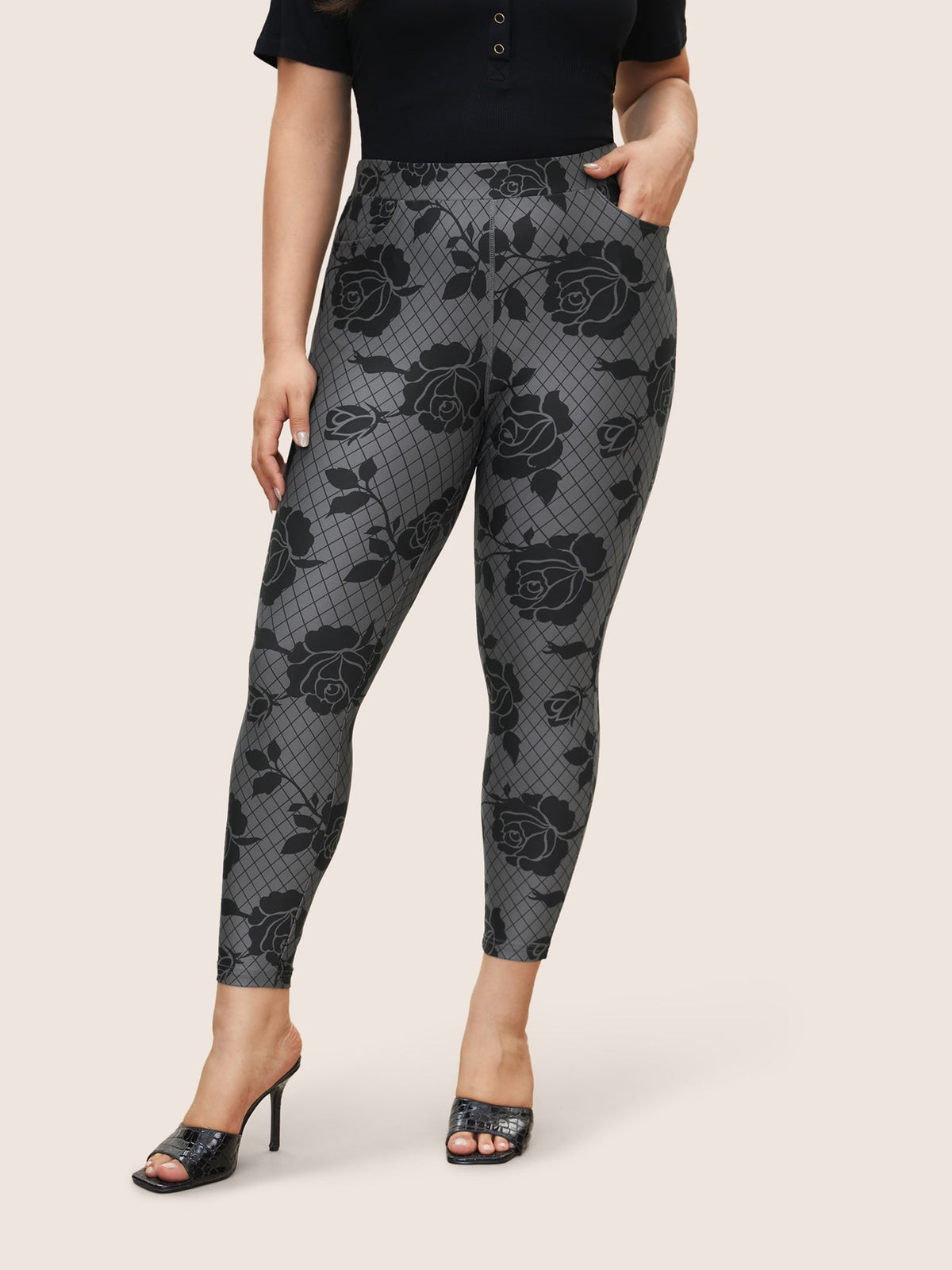 Skinny Rose Print High Rise Leggings