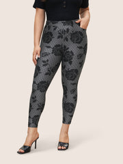 Skinny Rose Print High Rise Leggings