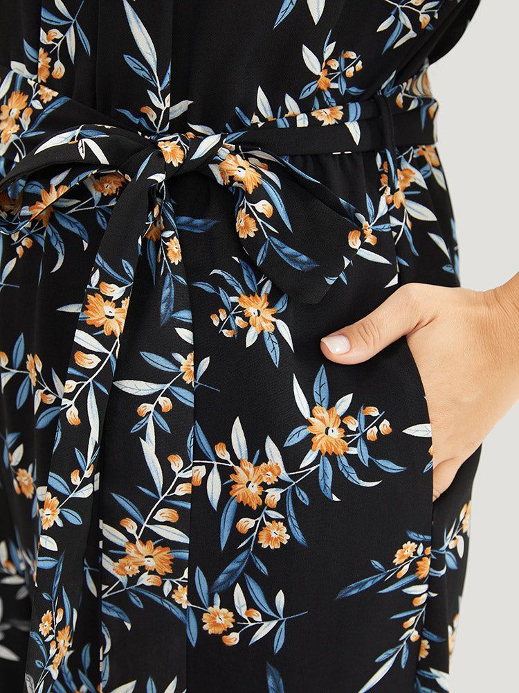 Floral Mesh Patchwork Crew Neck Pocket Belted Jumpsuit