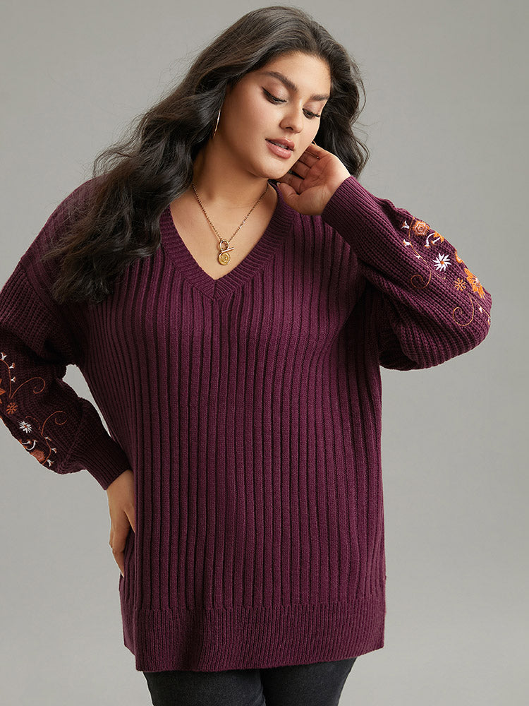 Floral Embroidered Plisse Drop Shoulder Pullover